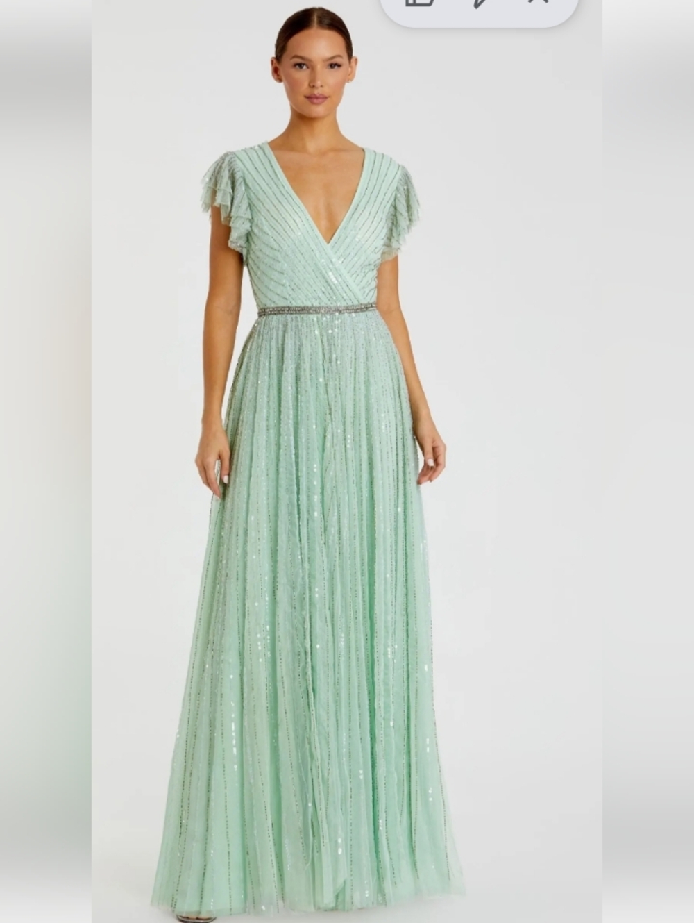 Mac Duggal Mint Green Sequin Tulle V-Neck Maxi Gown